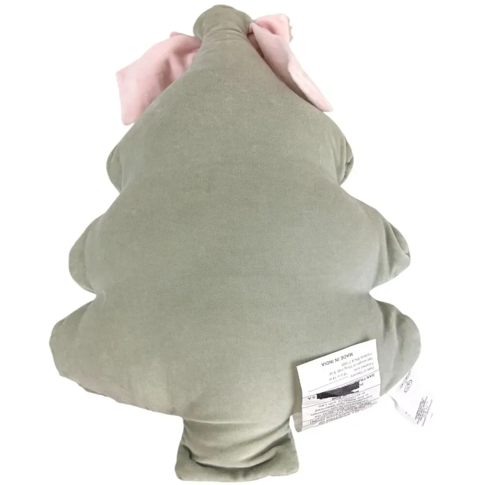 Pottery Barn Christmas Tree Shaped Embellished Pillow Green Velvet Pink Bow READ